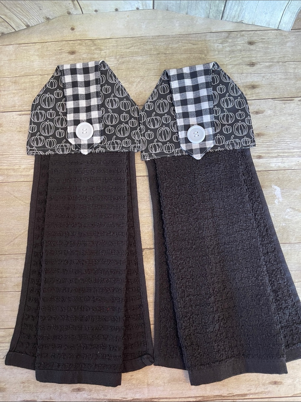 Sewn Top Hanging Towels Set of Black & White & Pumpkins Button Closure